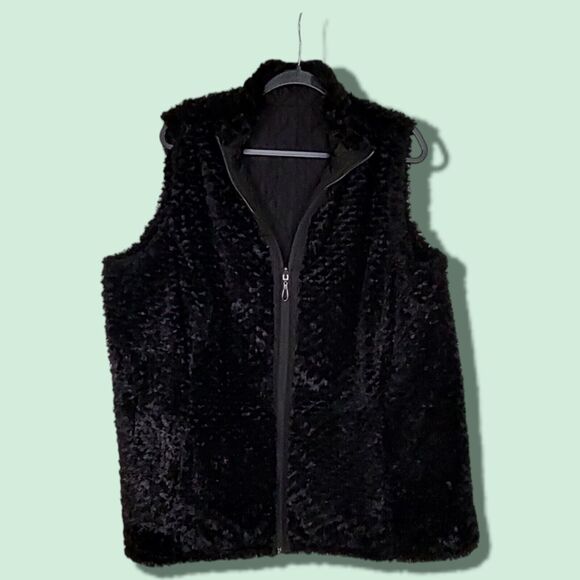 Black Reversible Faux Fur Quilted Zip Vest with Pocket Size XL Denim & Co. - Picture 6 of 10